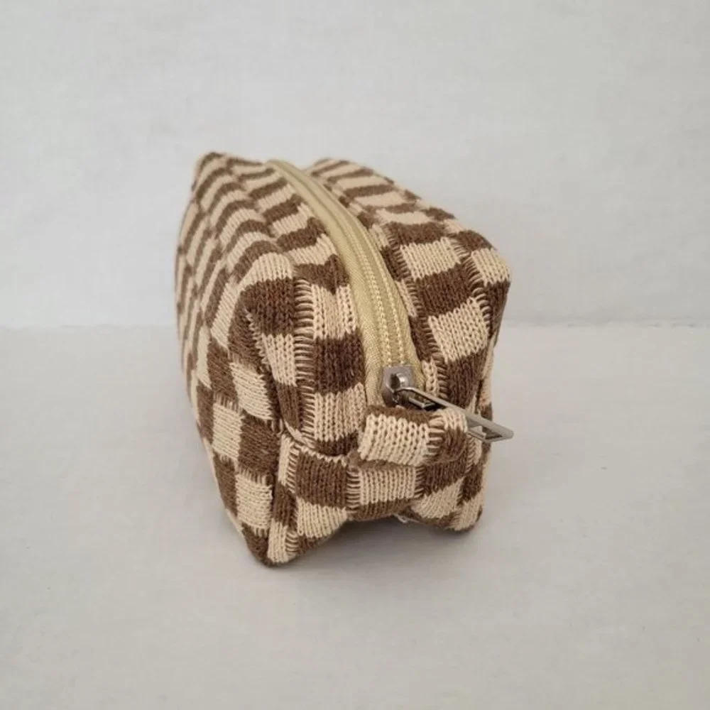 Checkered Print Cosmetic Make Up Beauty Bag in‎ Brown and Beige